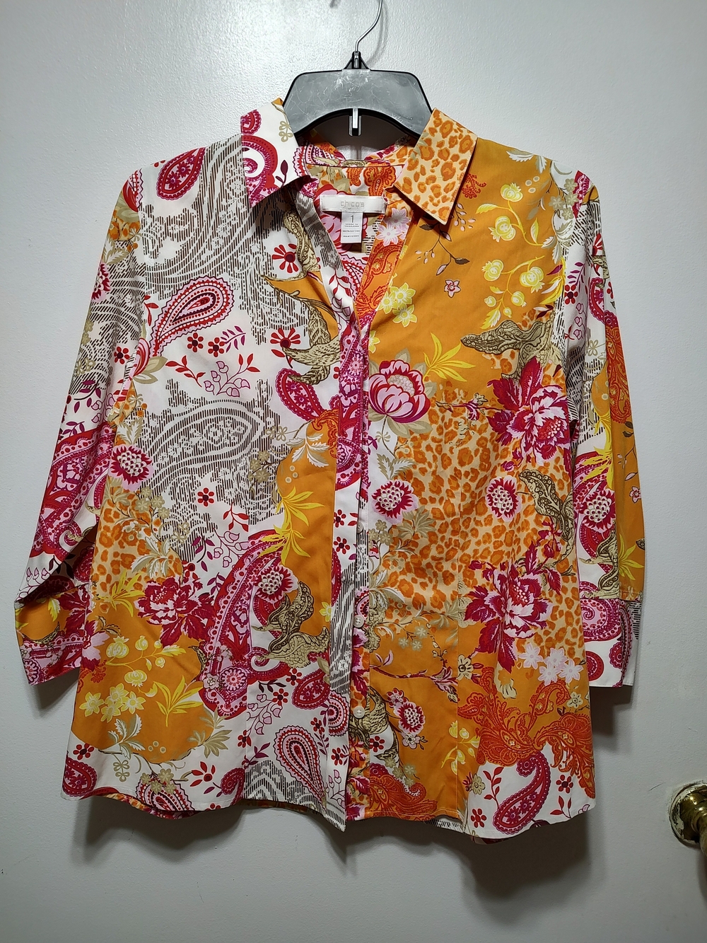 Chico's Mixed Floral & Paisley Button-Down Shirt in Mustard and Pink
